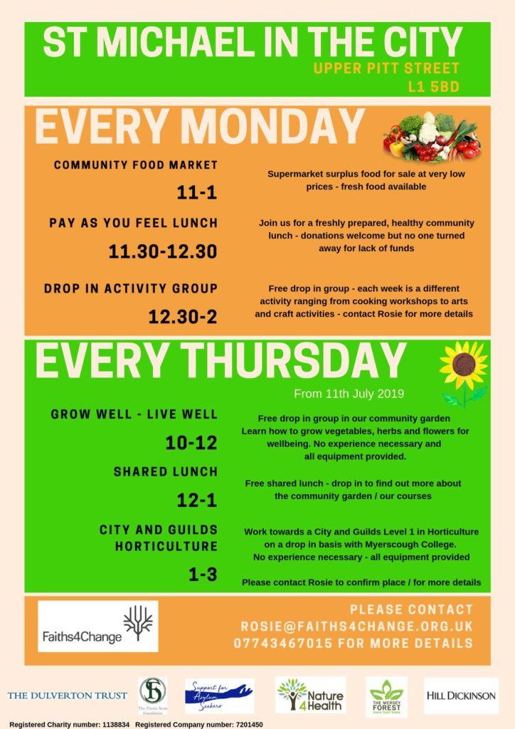 List of regular classes at St Michael in the city. For information rosie@faithsforchange.org.uk