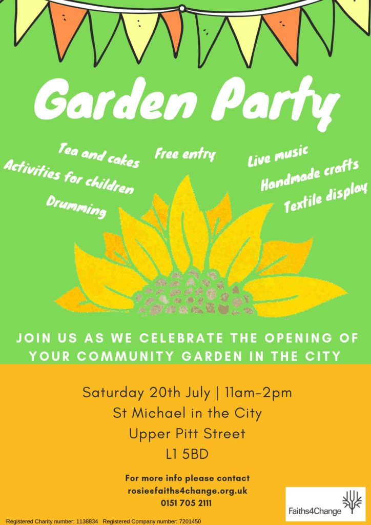 Garden party flyer, all information repeated in text format below